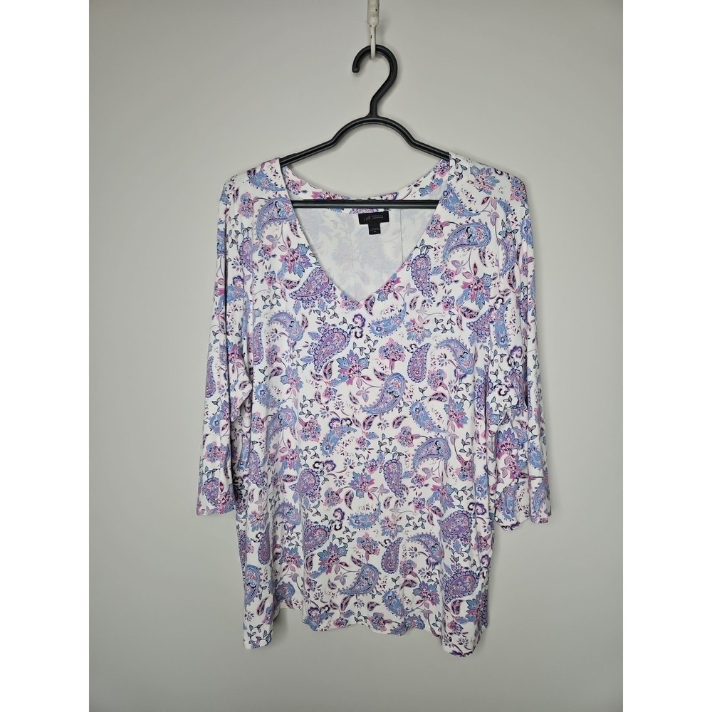 J Jill Wearever Top 2X Pink Purple Paisley Floral CottageCore Fairy Boho Stretch